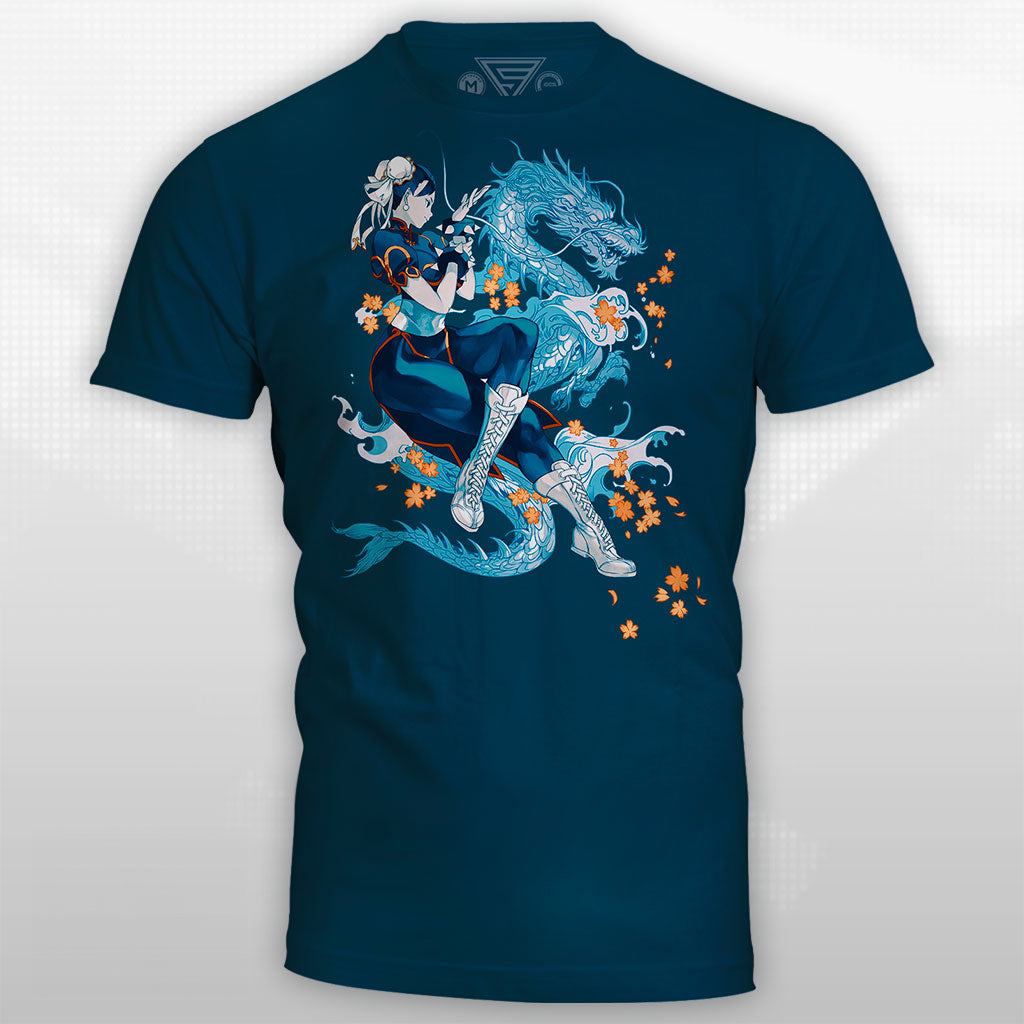 The Street Fighter Chun-Li T-shirt by Eighty Sixed. A gorgeous deep blue t-shirt with iconic Chun-Li surrounded by golden flower petals and her dragon!