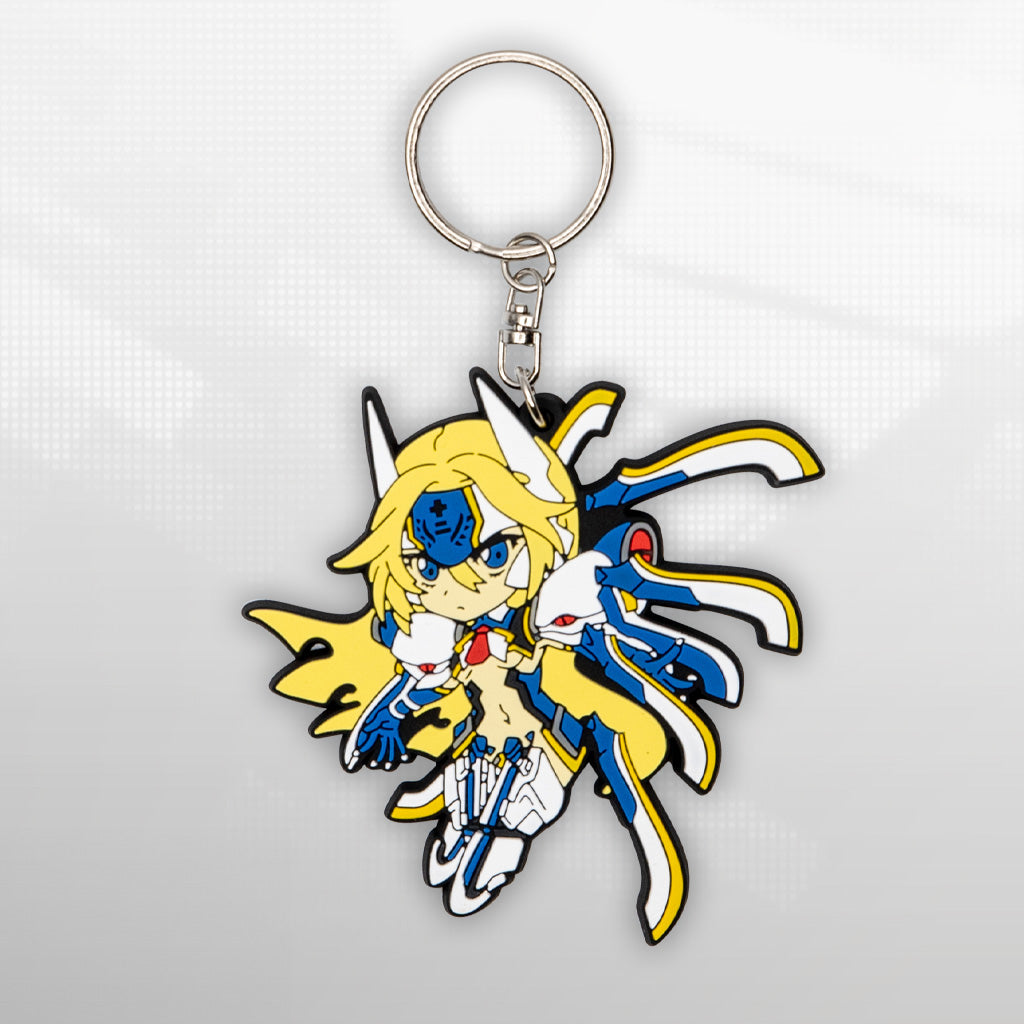 Image featuring a cutout of keychain number 12 from the Blazblue merchandise collection, set against a pixelated background.