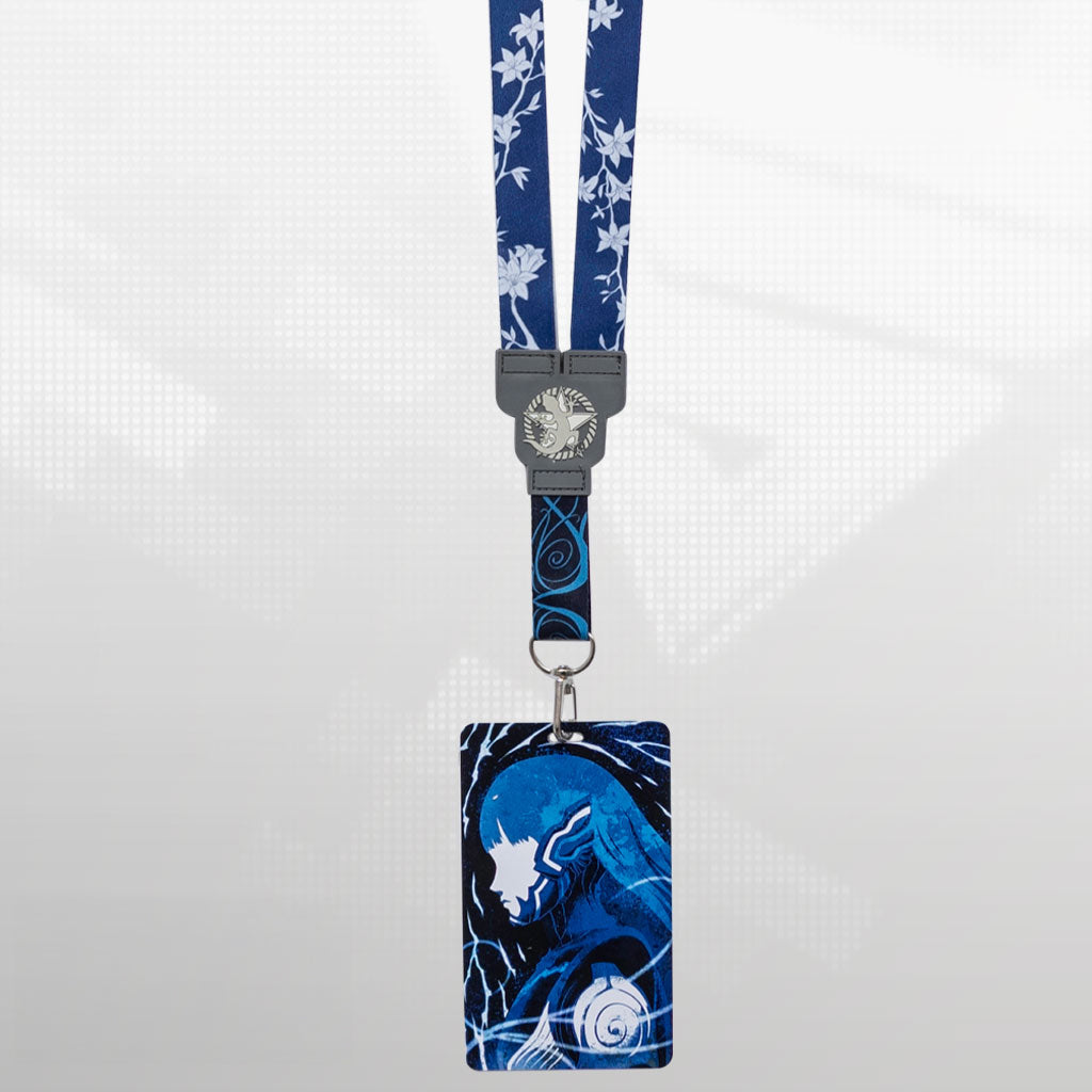 The Shin Megami Tensei V Fusion reversible lanyard is shown on a pixellated background.