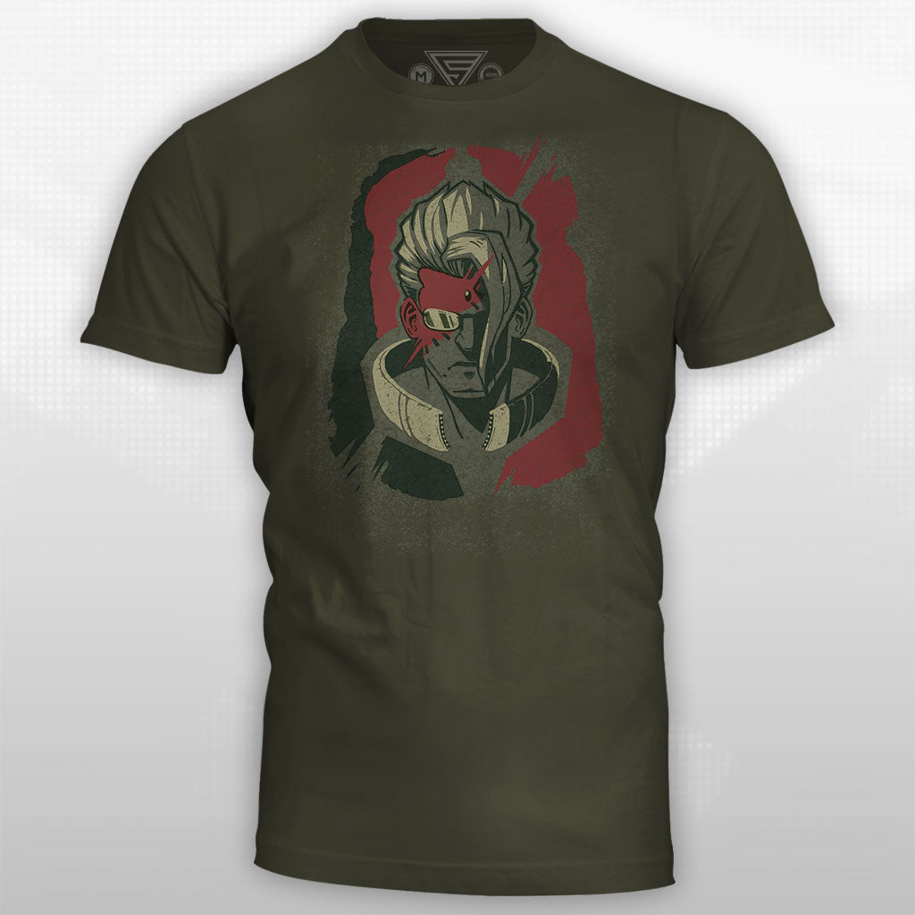 This dark green shirt features the face of Nash from Street Fighter. 