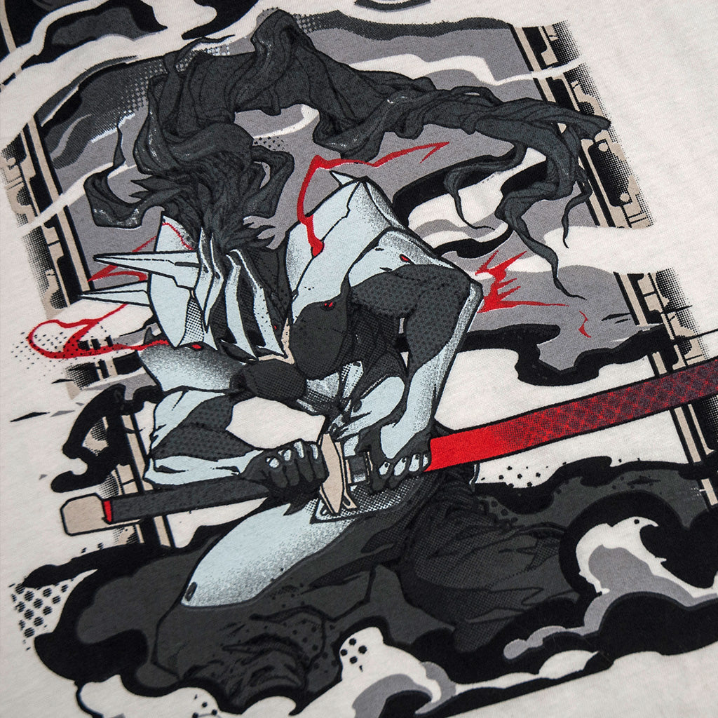 Detailed view of the &#39;Hakumen&#39; design featured on a Blazblue tee. The design is described as &#39;The white void. The cold steel. The just sword. This is Hakumen.&#39; This tee is designed for those seeking justice and is officially licensed, combining beauty and comfort.